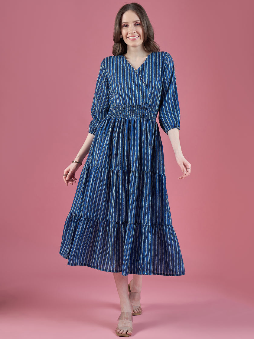 Blue Cotton Printed Puff Sleeves Striped Dress