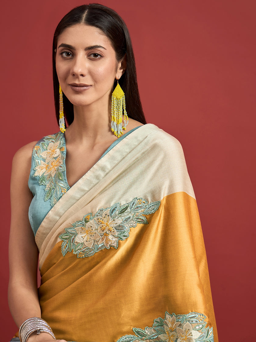 Multi Satin Digital Embroidered Woven Design  Saree with Unstitched Fancy Blouse