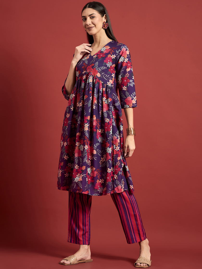 Multi  Poly Silk Printed A-Line Kurta  Trouser