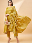 Mustard Pure Cotton Solid A-Line Kurta Trouser  With Dupatta