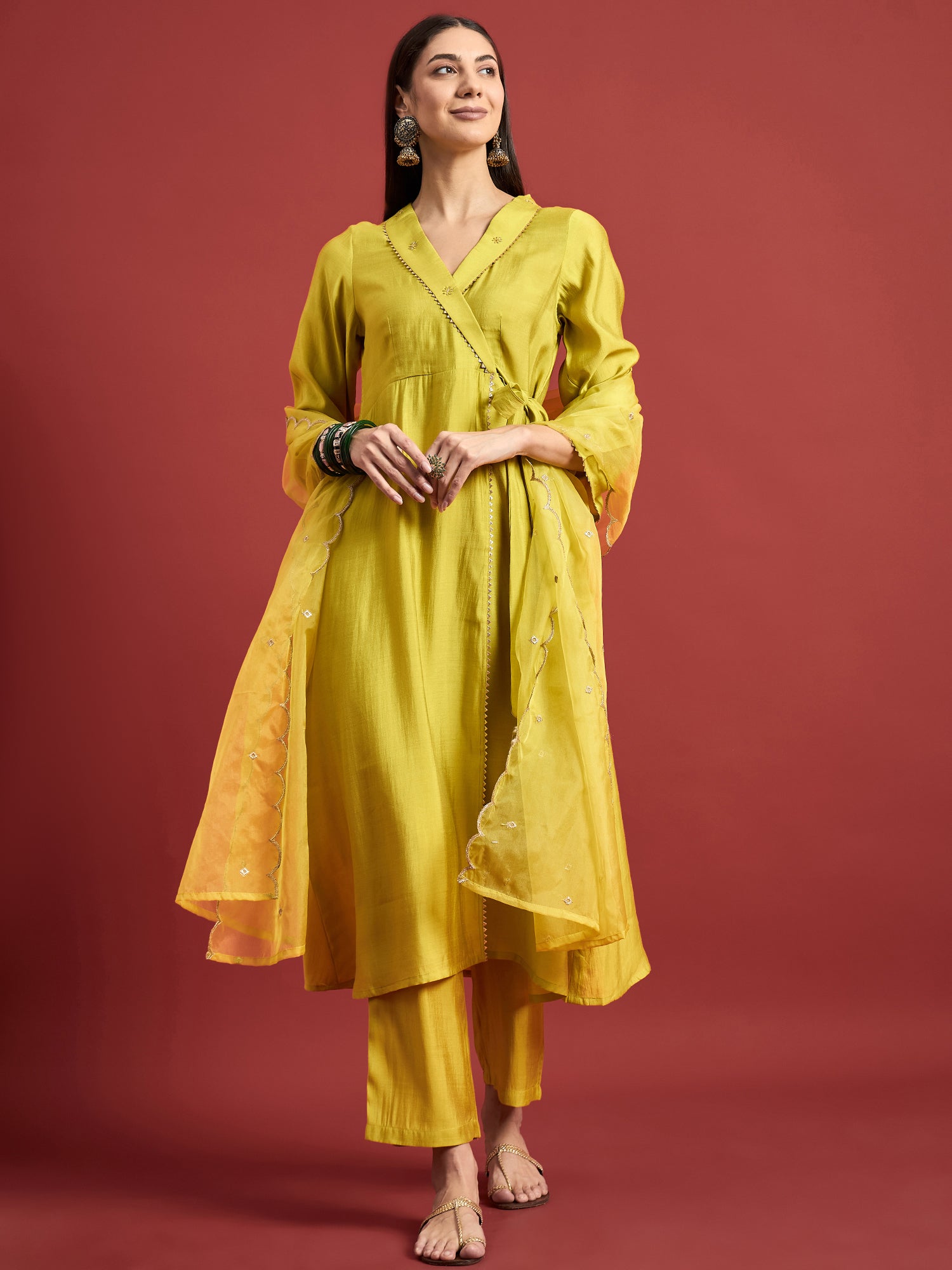 Lime Green  Art Silk Embroideried A-Line Kurta  Trouser