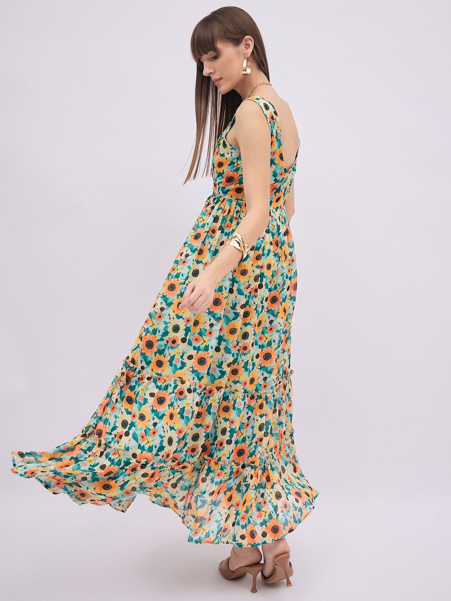 Multi Polyester Printed No Sleeves Floral Dress
