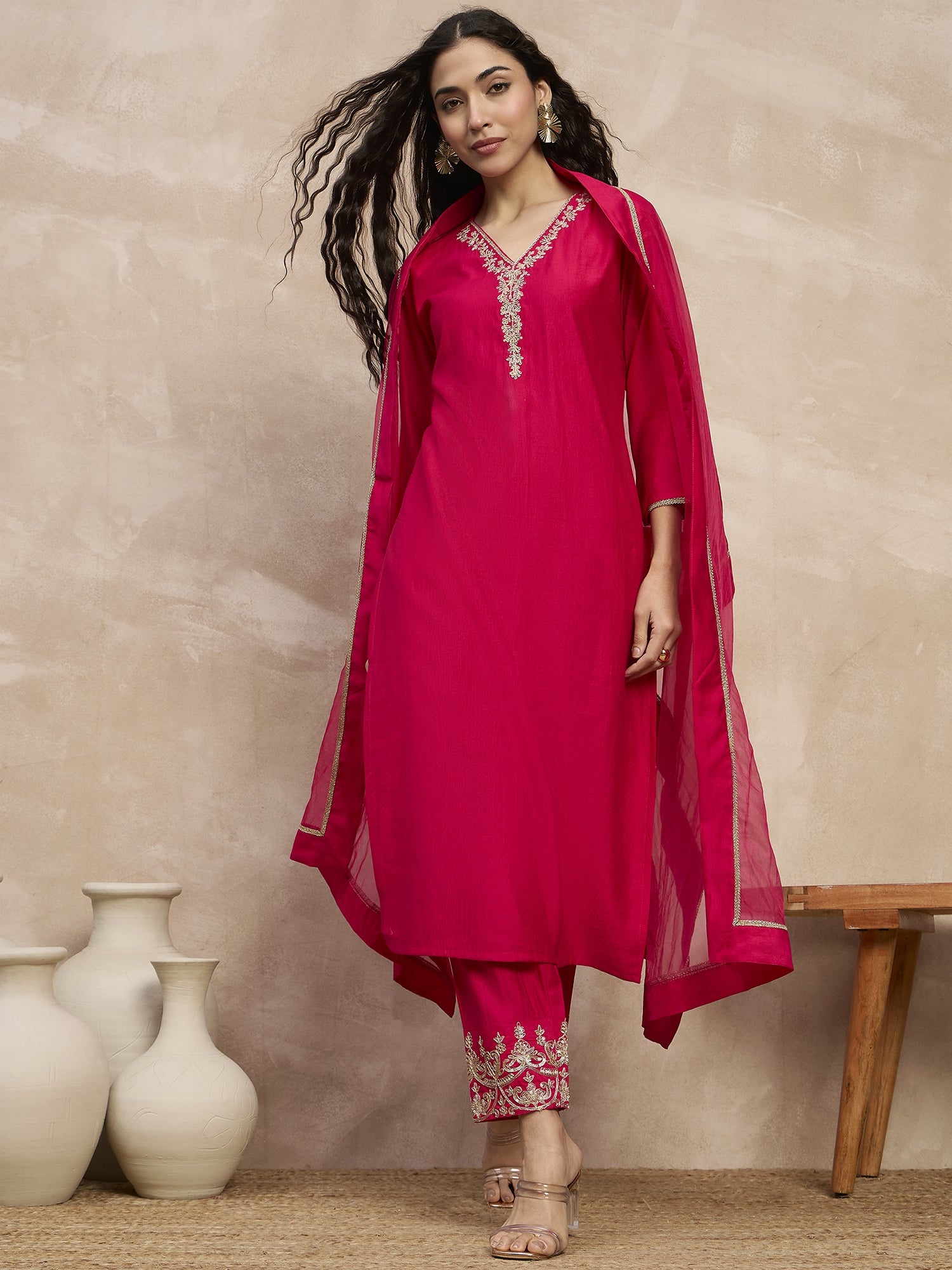 Magenta  Chinon Embroideried Straight Kurta Trouser
