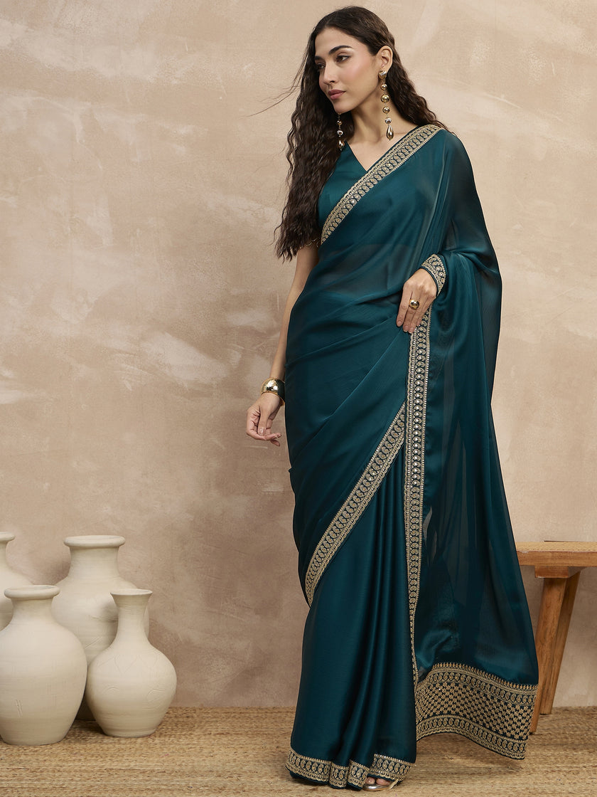 Rama Green Satin Solid With Embroidered Lace Saree with Unstitched Blouse
