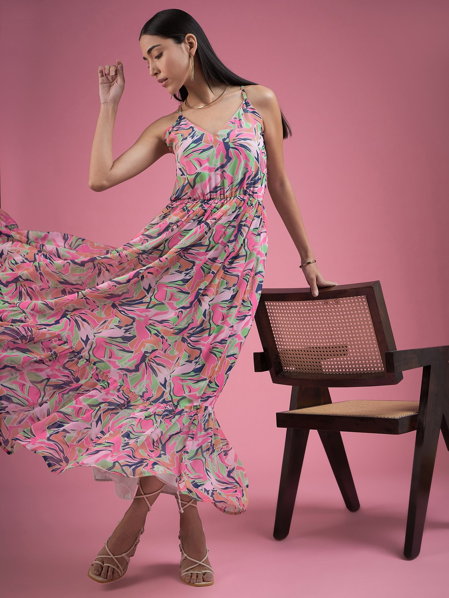 Multicolor Georgette Printed Sleeveless Floral Print Dress