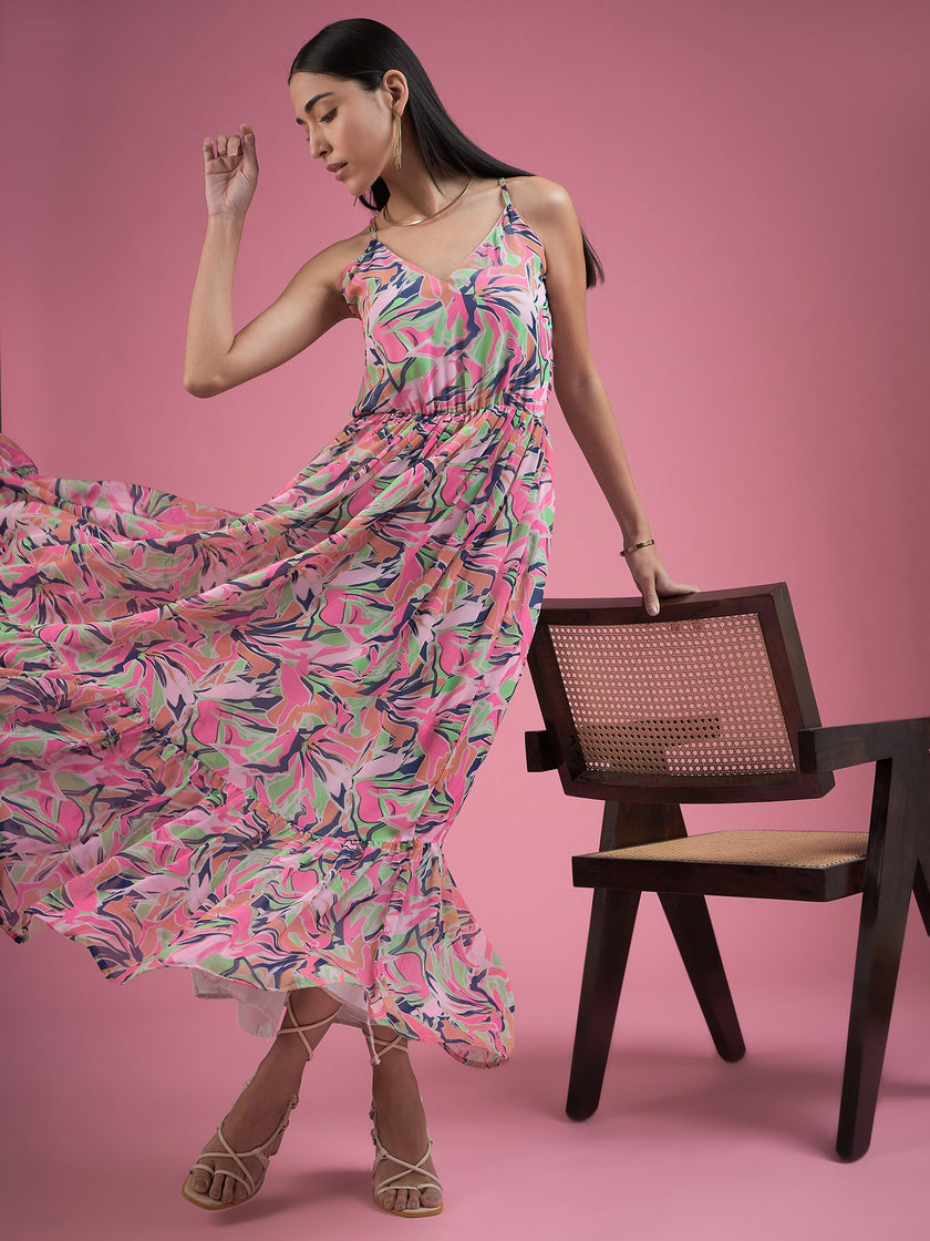 Multicolor Georgette Printed Sleeveless Floral Print Dress