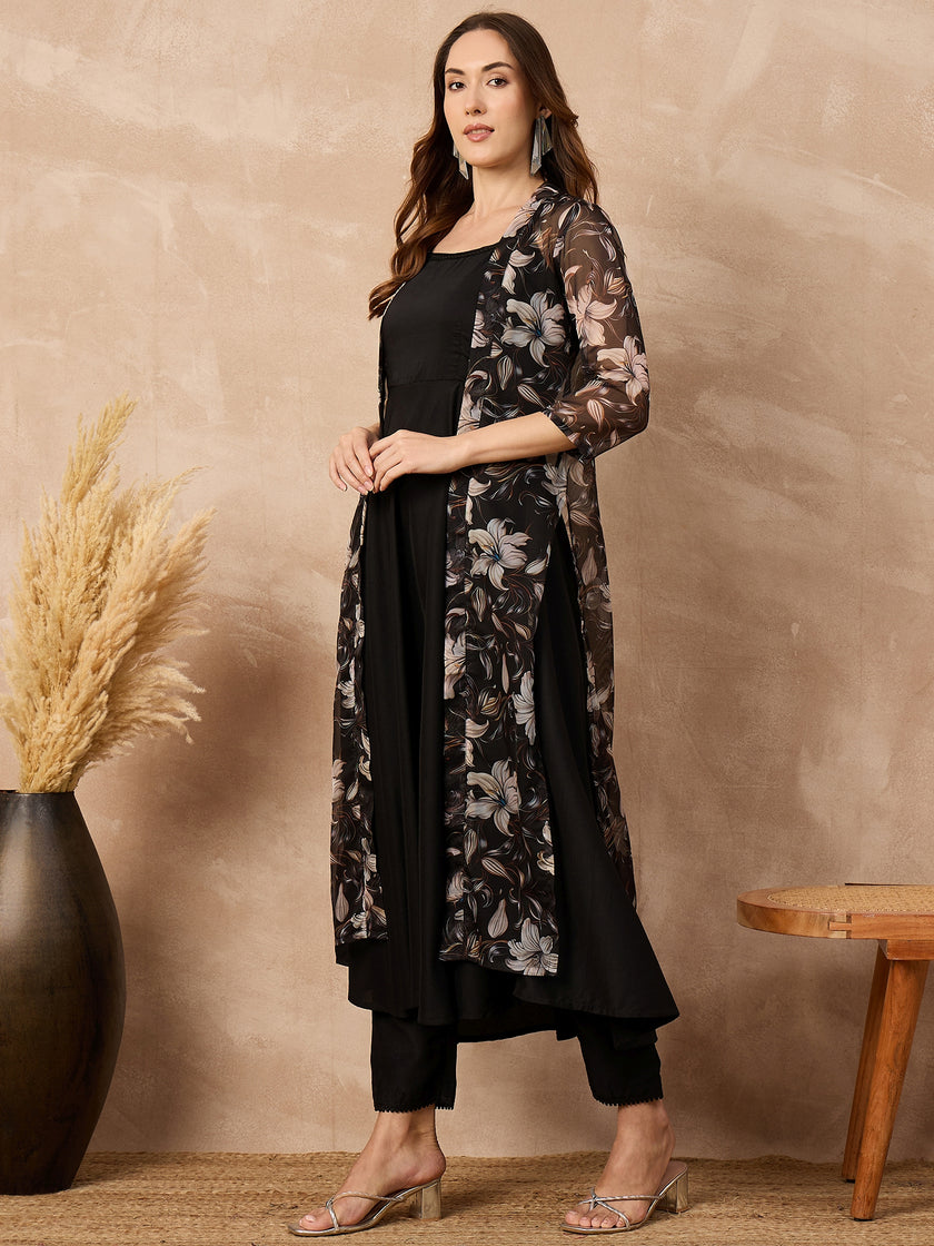 Black Silk Blend Solid A-Line Kurta Trouser With Floral Print Shrug