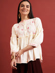 Cream Pure Cotton Embroidered Gathered or Pleated Puff Sleeves Floral Print Tops