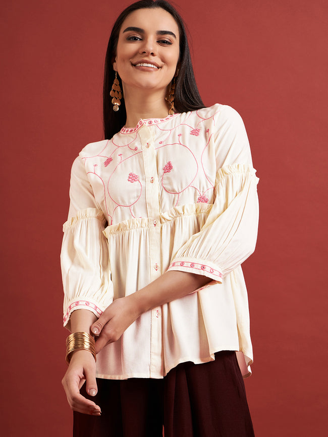 Cream Pure Cotton Embroidered Gathered or Pleated Puff Sleeves Floral Print Tops