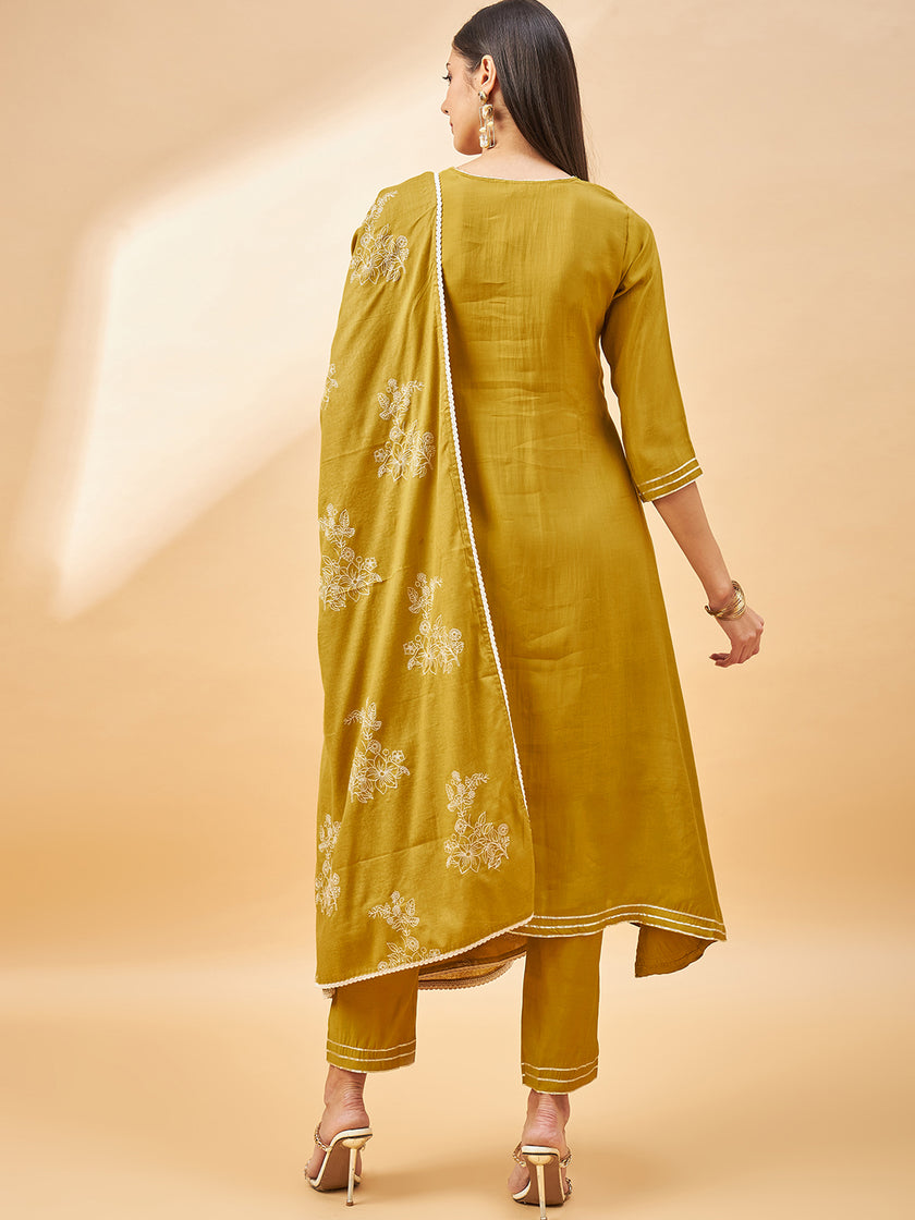 Mustard Pure Cotton Solid A-Line Kurta Trouser  With Dupatta