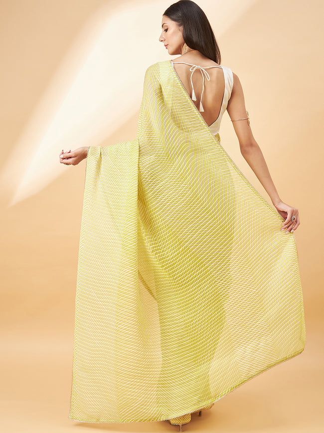 Parrot Green Pure Chiffon Zigzag Pleated Crush Print With Embellished Lace Saree with Unstitched Fancy Blouse