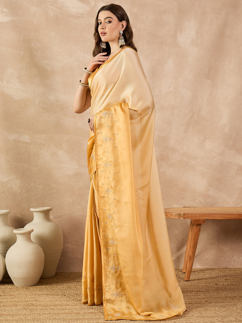 Yellow Satin Solid With Coding Work Border Saree with Unstitched Fancy Blouse
