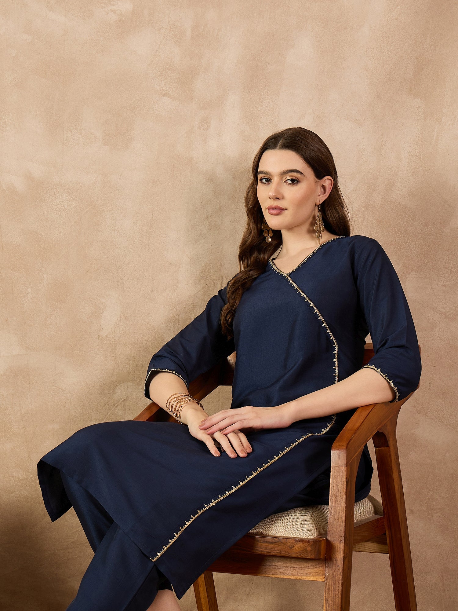 Navy Blue  Art Silk Solid A-Line Kurta Trouser
