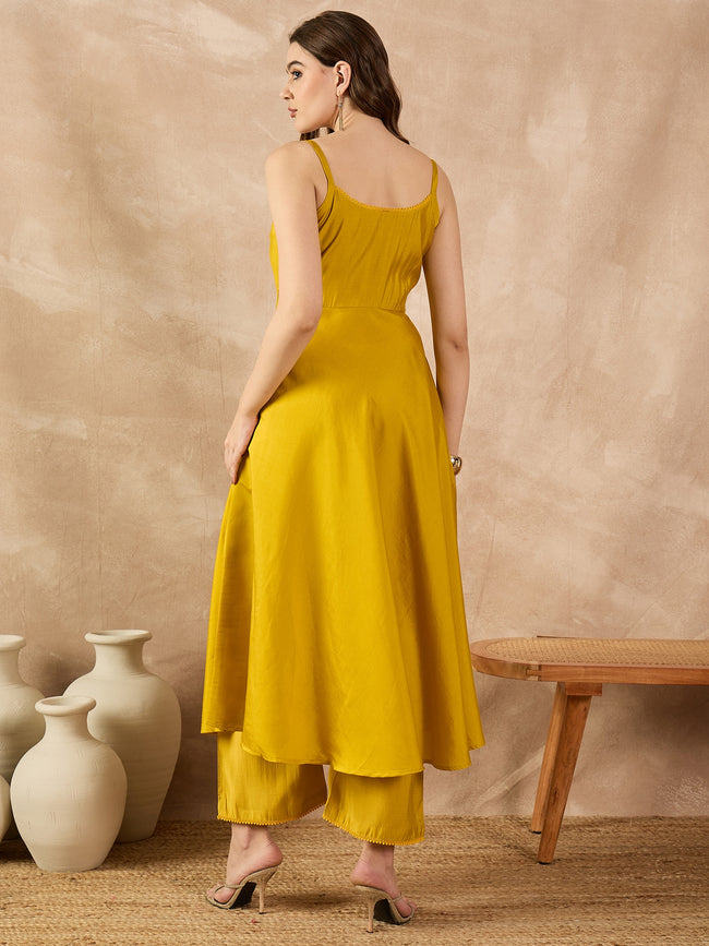Yellow Silk Blend Solid A-Line Kurta Trouser With Floral Print Shrug