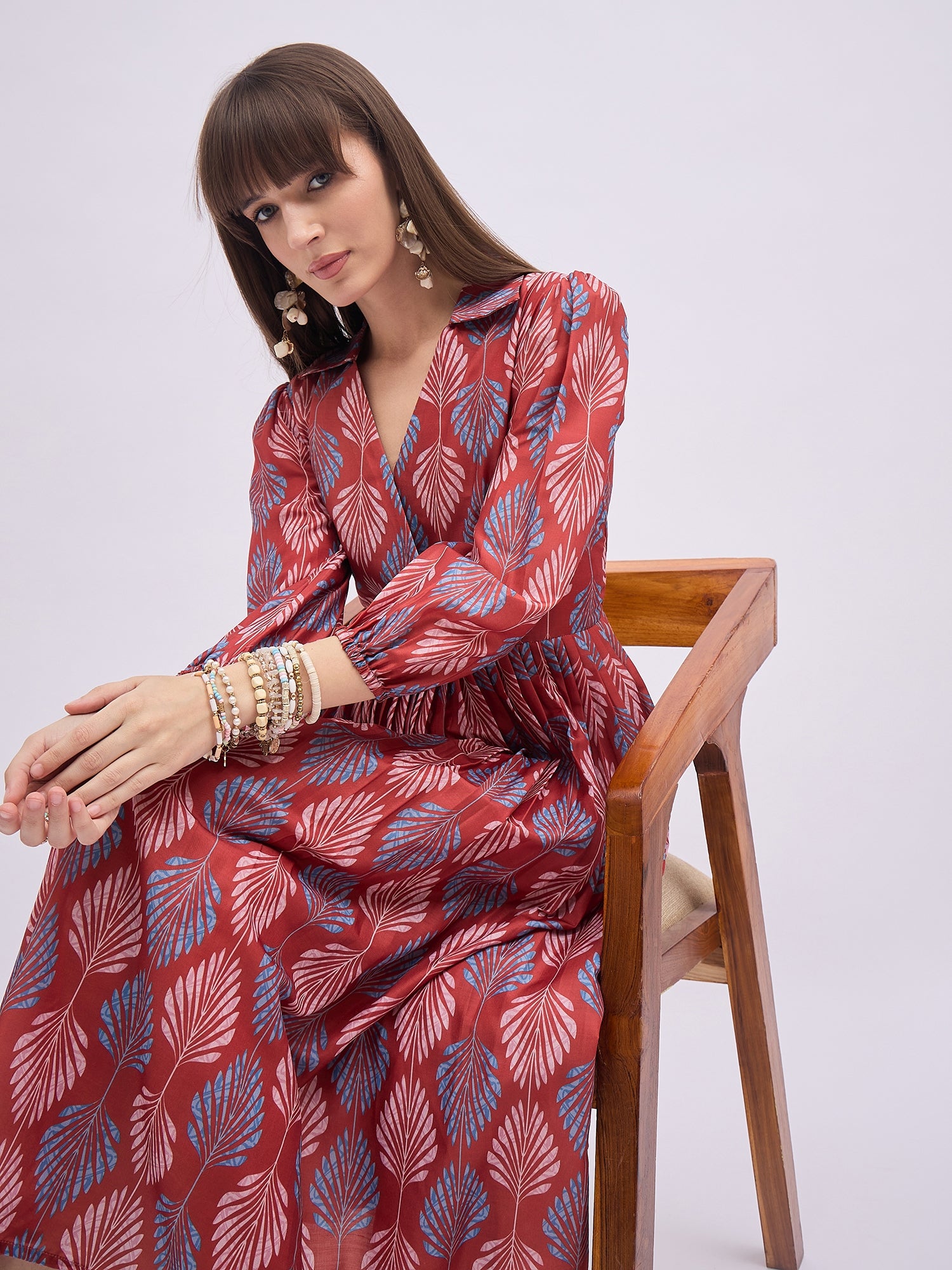 Multi Polyester Printed Puff Sleeves Floral Dress