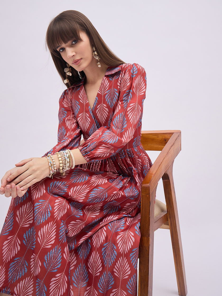 Multi Polyester Printed Puff Sleeves Floral Dress