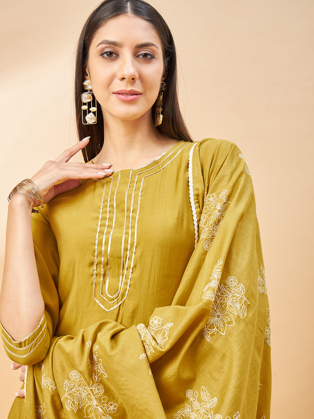 Mustard Pure Cotton Solid A-Line Kurta Trouser  With Dupatta