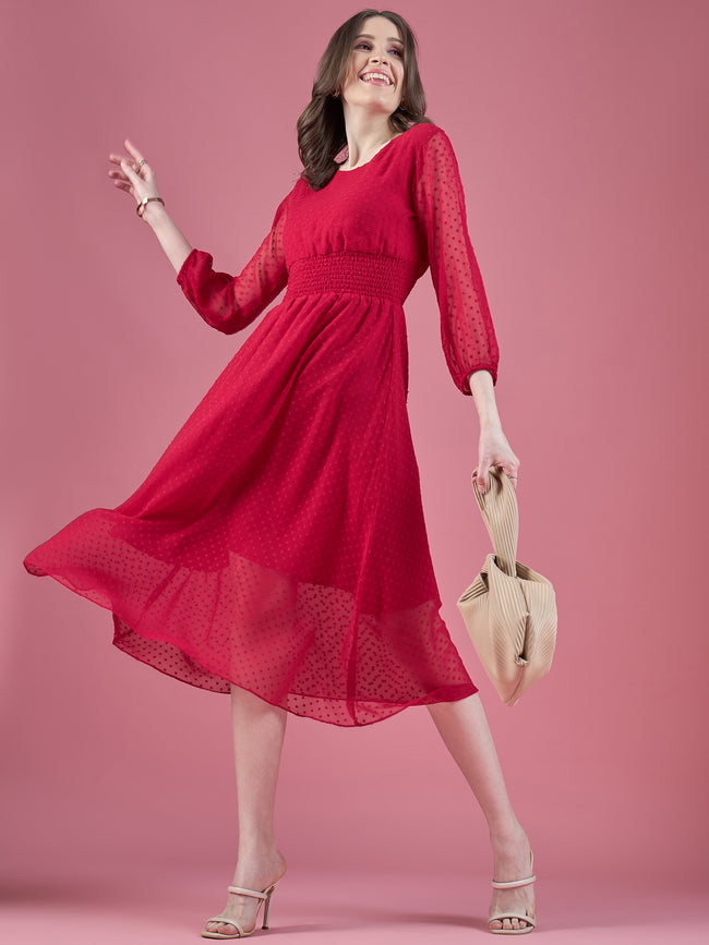 Magenta Georgette Embroidered Puff Sleeves Self Design Dress