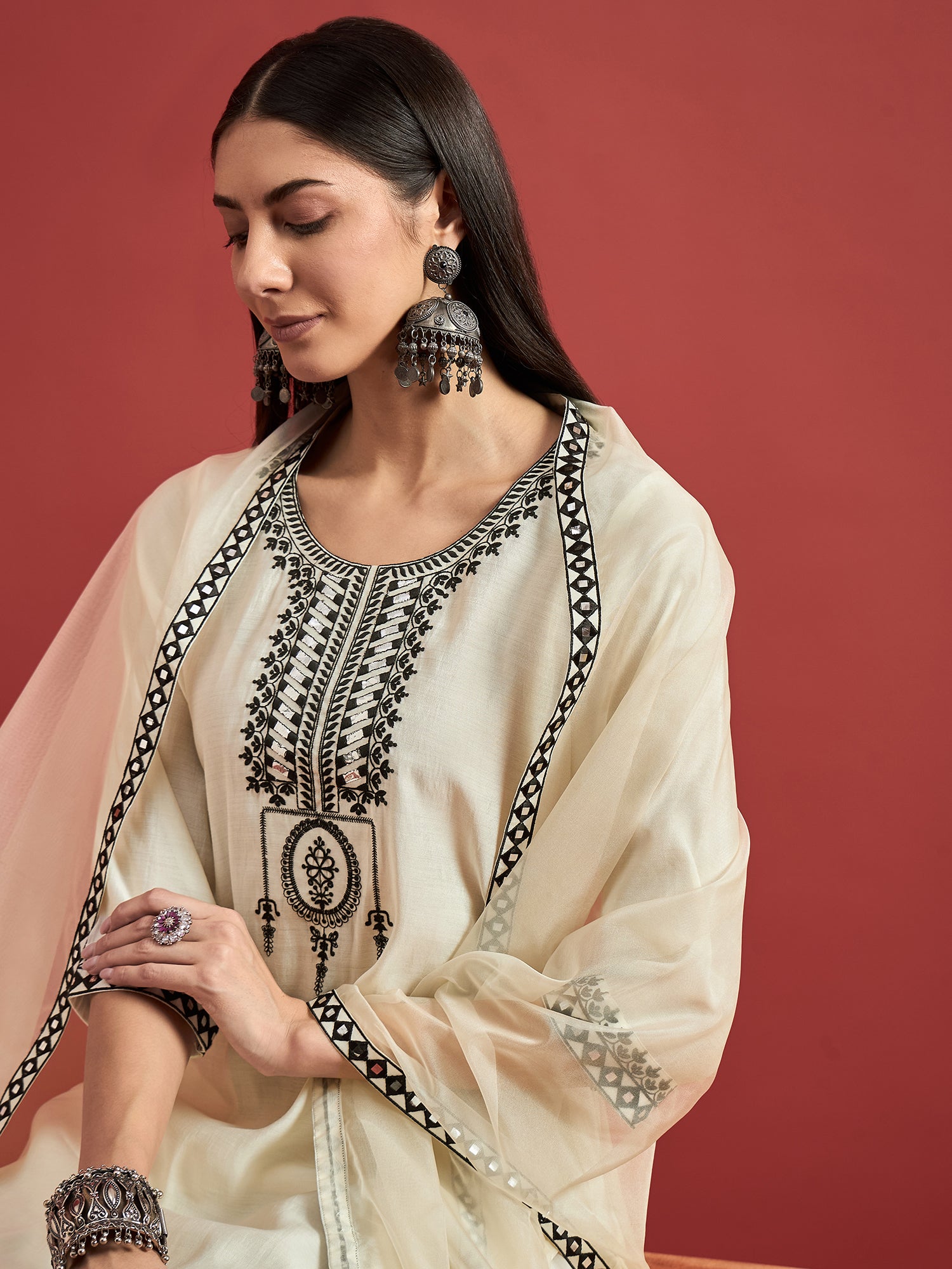 Off White  Art Silk Printed A-Line Kurta  Trouser