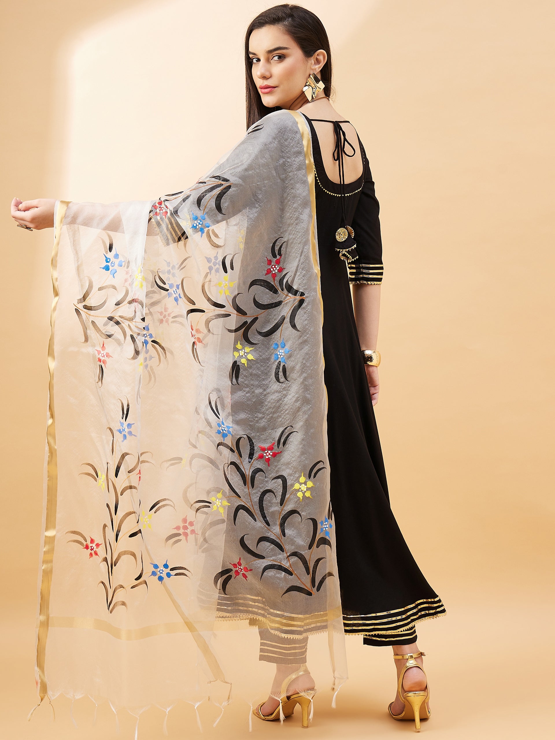 Black Pure Cotton  Printed  Anarkali Kurta  Trouser