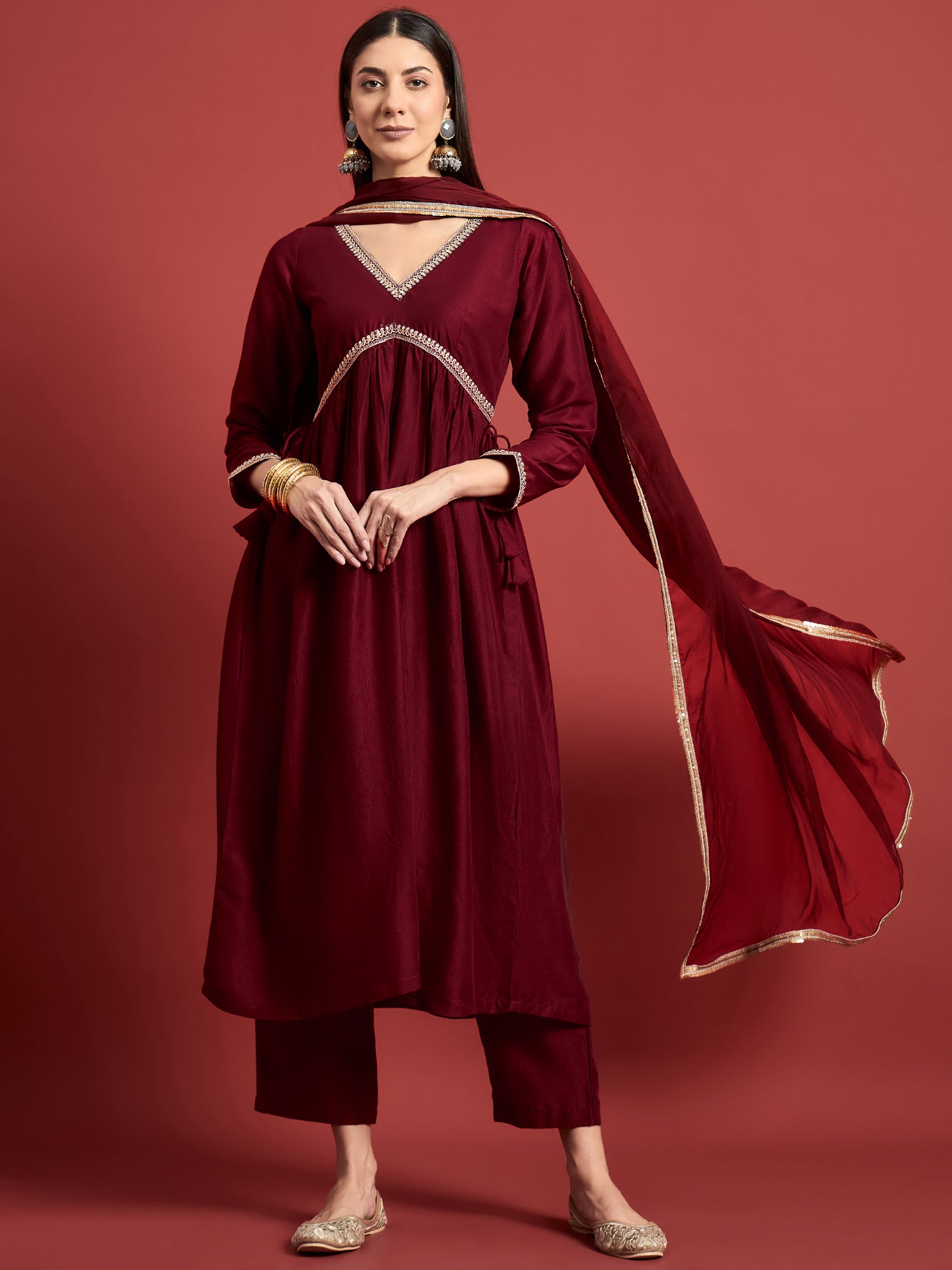 Maroon  Art Silk Embroideried Anarkali Kurta  Trouser