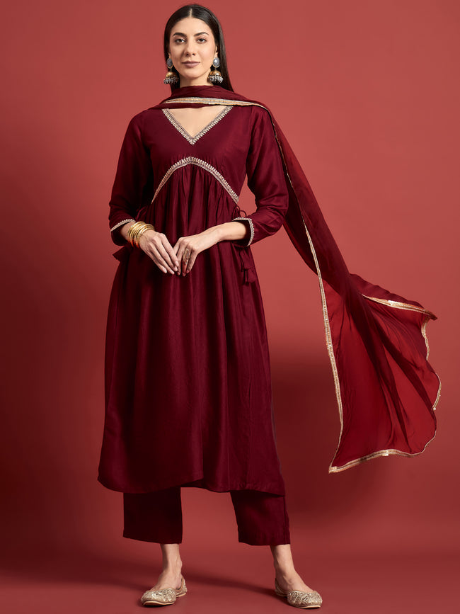 Maroon  Art Silk Embroideried Anarkali Kurta  Trouser
