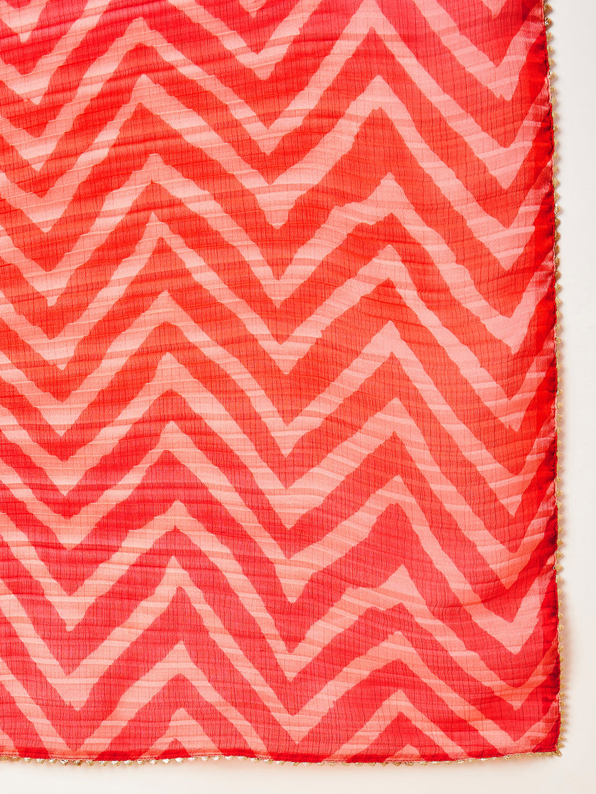 Red Pure Chiffon Stripes Pleted Saree with Unstitched Fancy Blouse