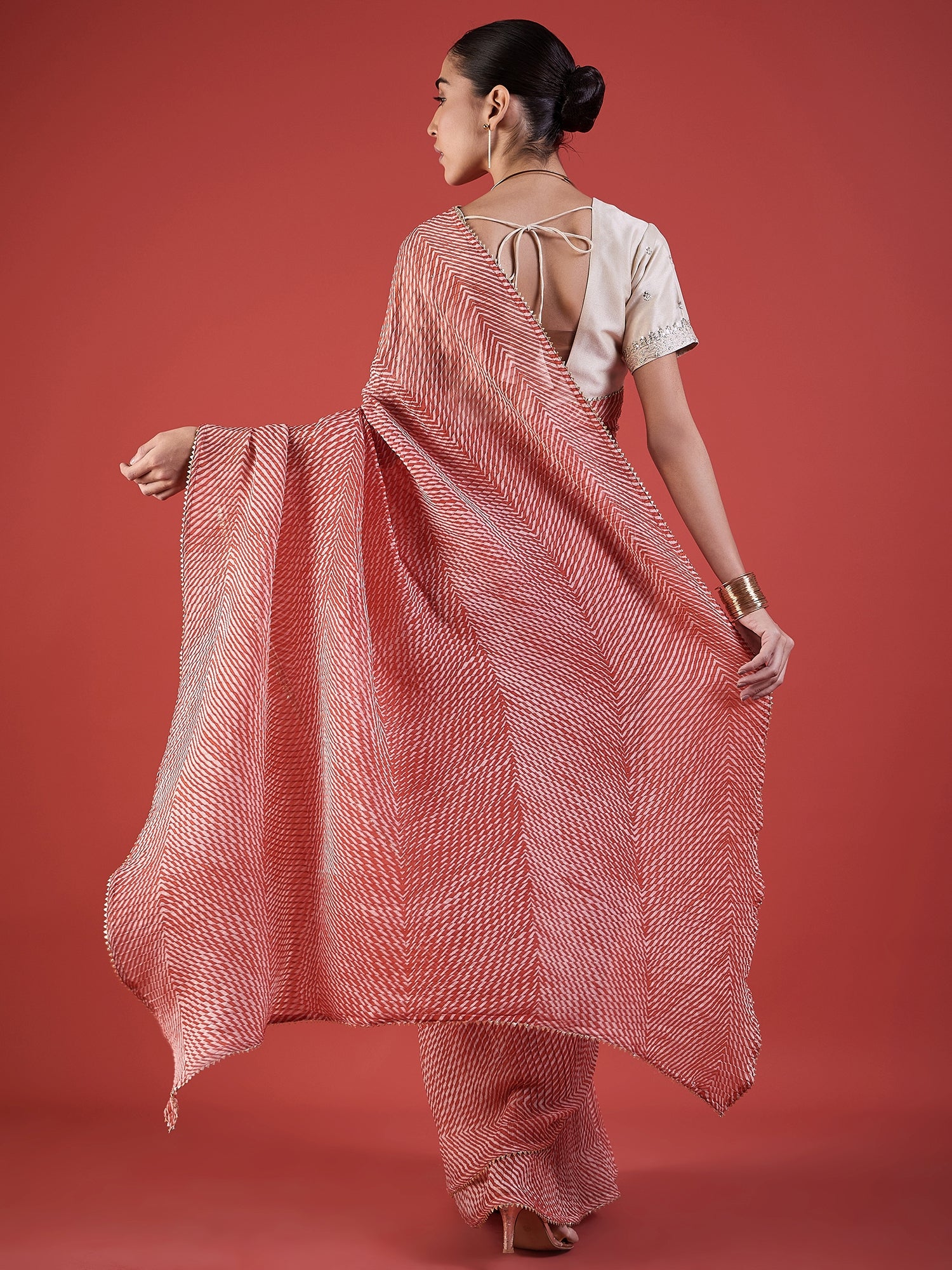 Pink  Pure Chiffon ZigZag Pattern Print With Embellished Lace Saree with Unstitched Fancy Blouse