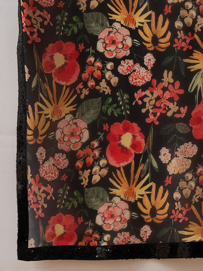 Black Georgette Floral Print with Embellished Lace Saree with Unstitched Fancy Blouse