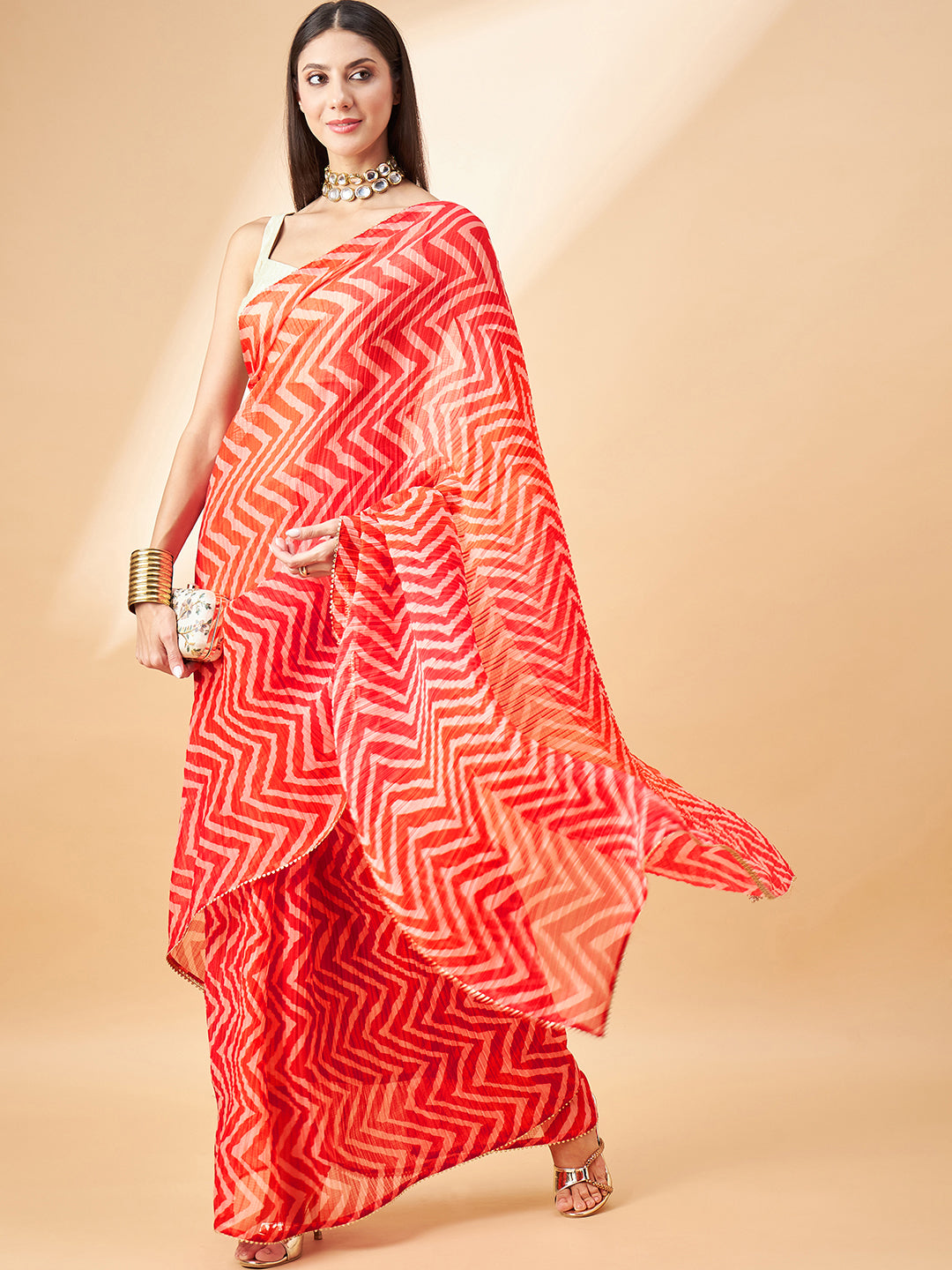 Red Pure Chiffon Stripes Pleted Saree with Unstitched Fancy Blouse