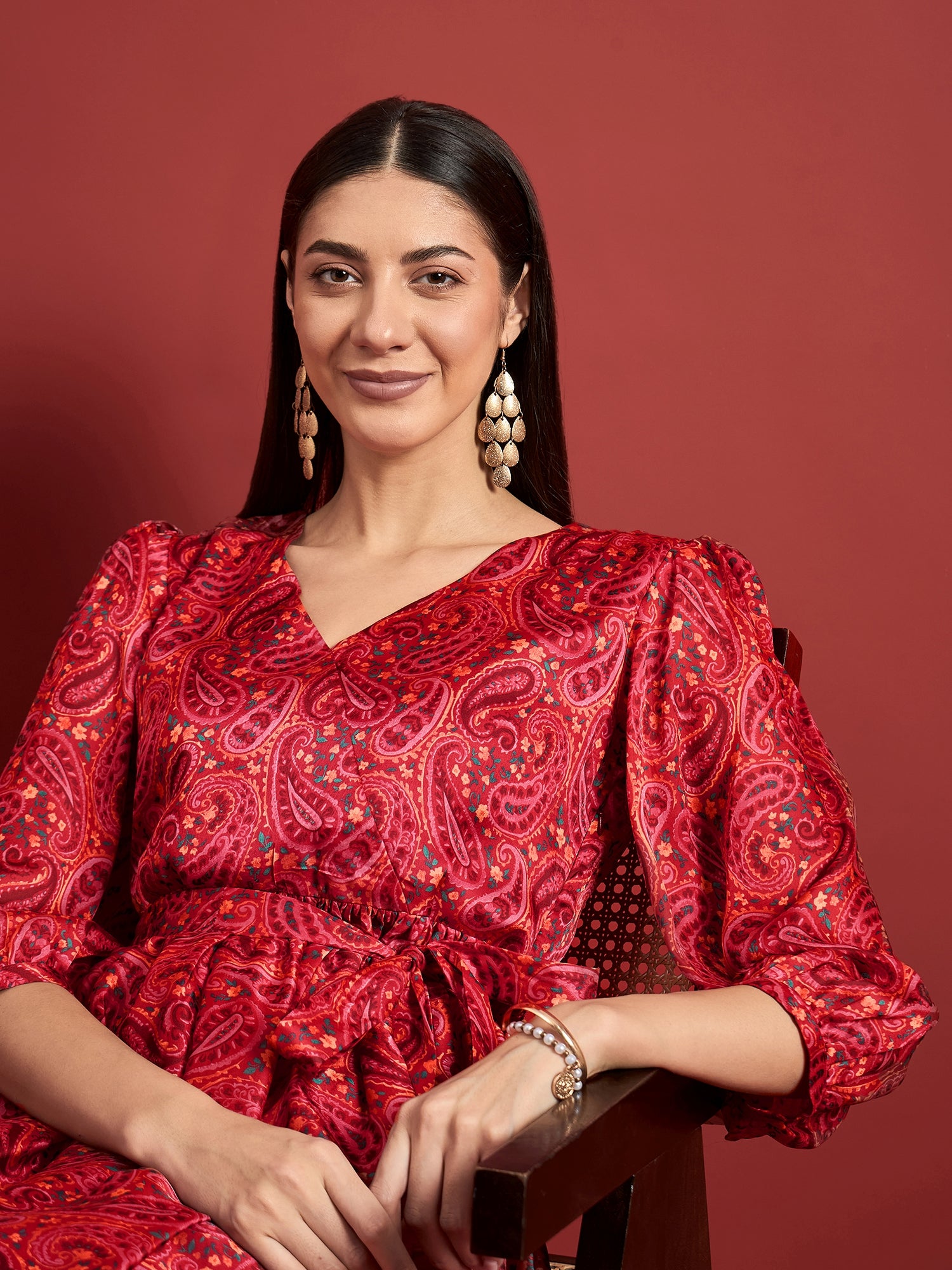 Pink Polyester Printed Puff Sleeves Ethnic Motifs Dress