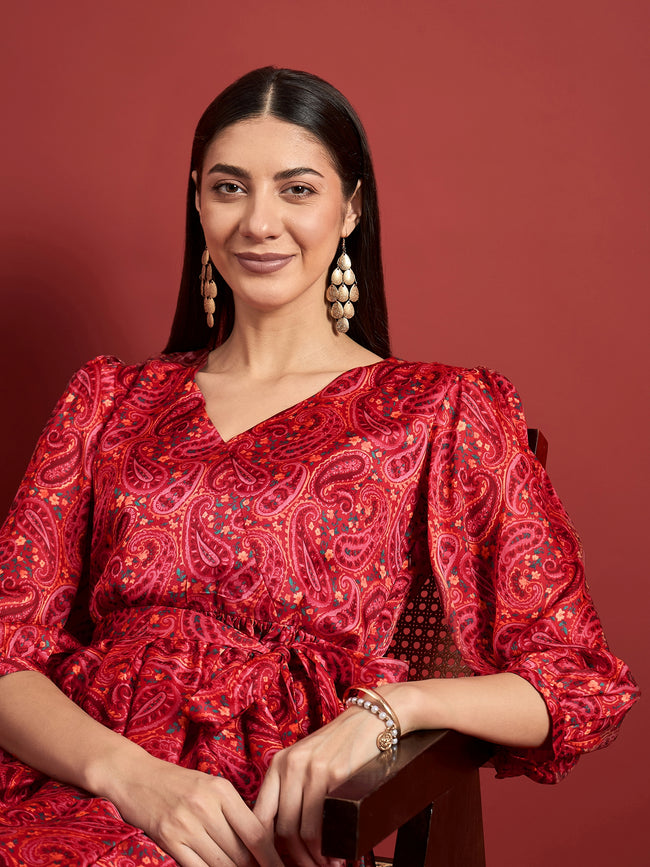 Pink Polyester Printed Puff Sleeves Ethnic Motifs Dress