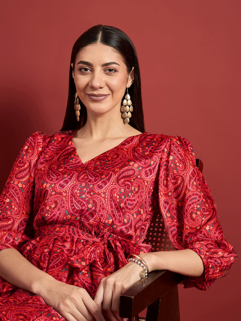 Pink Polyester Printed Puff Sleeves Ethnic Motifs Dress