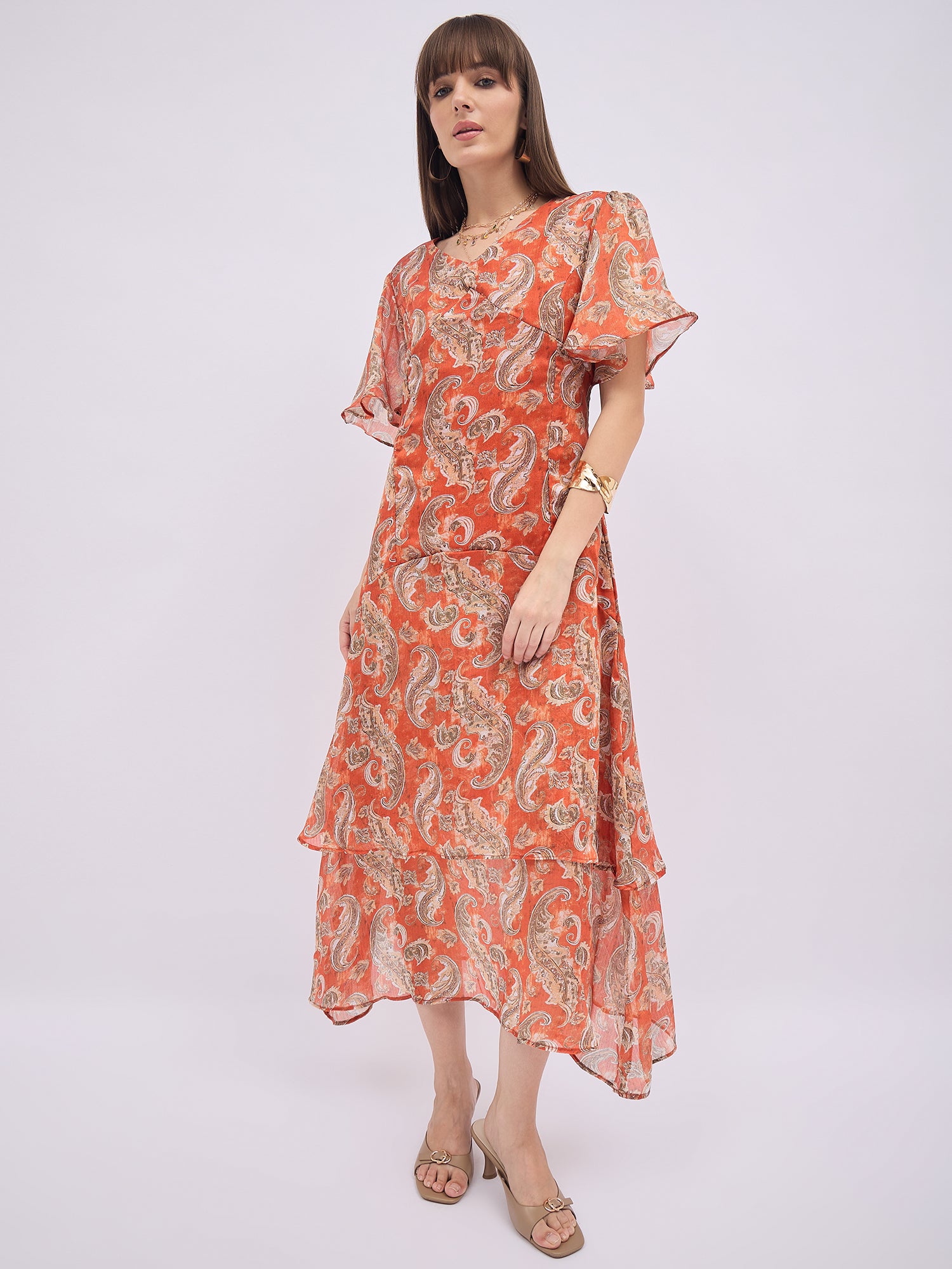 Multi BLENDED Printed Flared Sleeves Paisley Dress