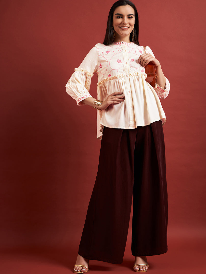 Cream Pure Cotton Embroidered Gathered or Pleated Puff Sleeves Floral Print Tops