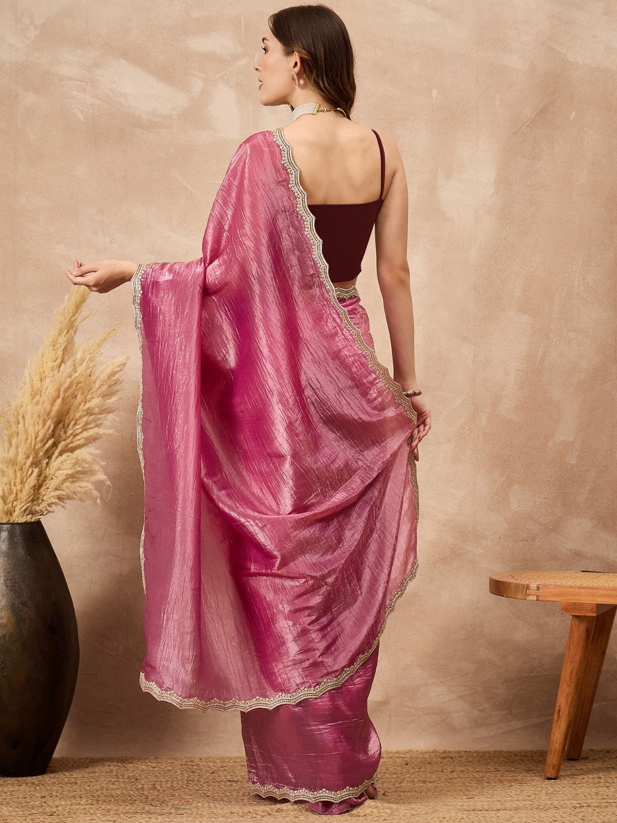 Pink  Poly Chiffon Solid with Embellished Cut Work Border Saree with Unstitched Blouse