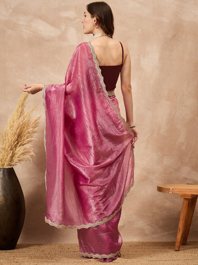 Pink  Poly Chiffon Solid with Embellished Cut Work Border Saree with Unstitched Blouse