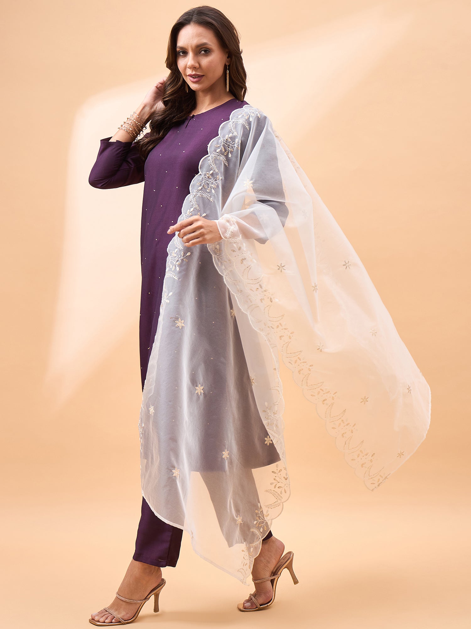 Wine  Silk Blend Embroideried A-Line Kurta  Trouser   With Dupatta