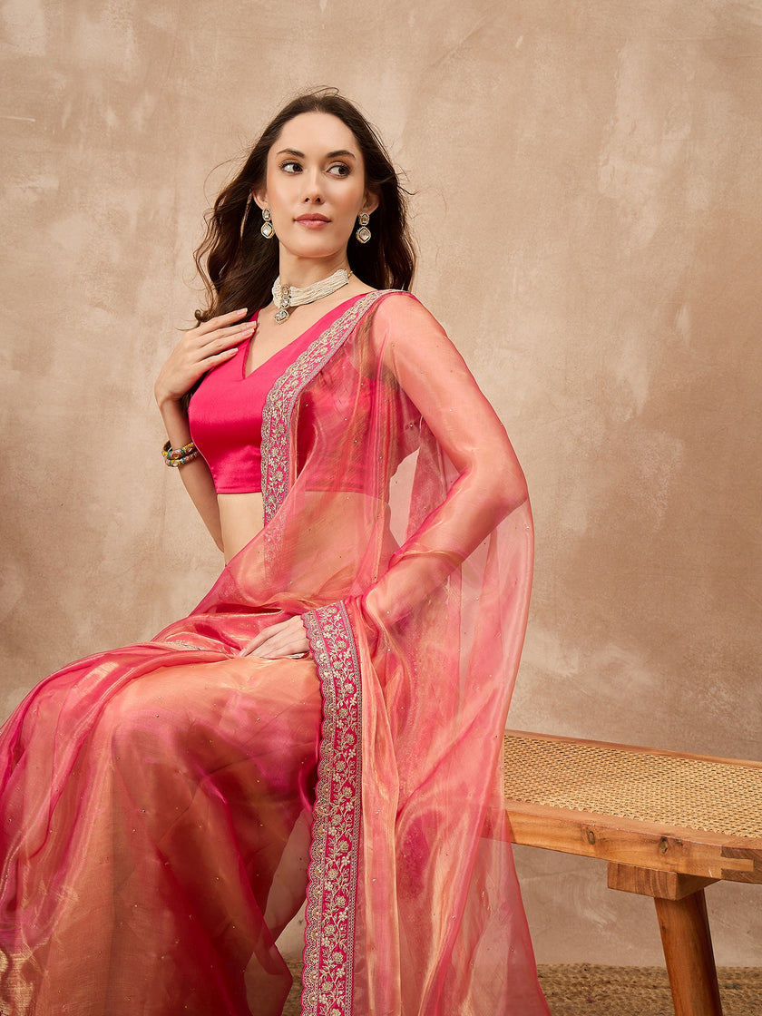 Pink  Organza Solid with Coding Border Saree with Unstitched Blouse