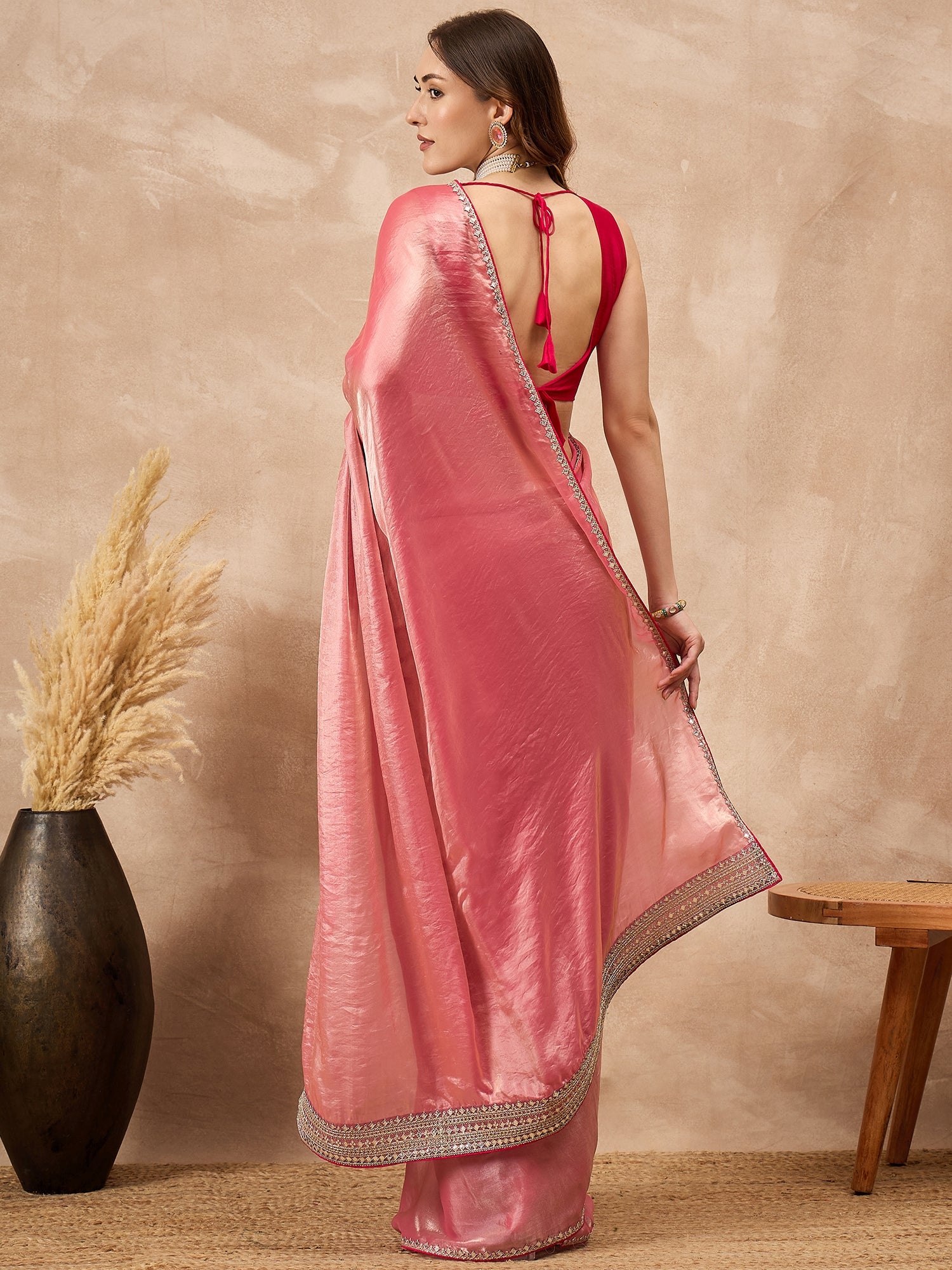 Peach Satin Solid With Embroidered Border Saree with Unstitched Blouse