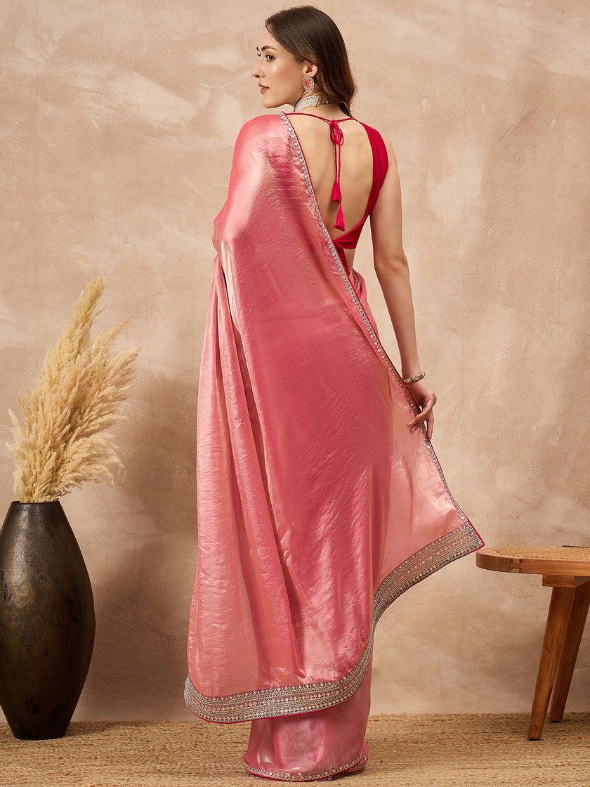 Peach Satin Solid With Embroidered Border Saree with Unstitched Blouse