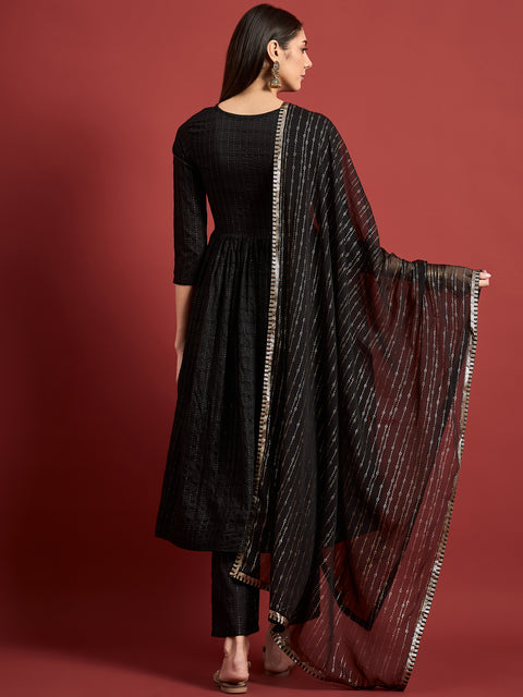 Black  Silk Blend Printed A-Line Kurta  Trouser