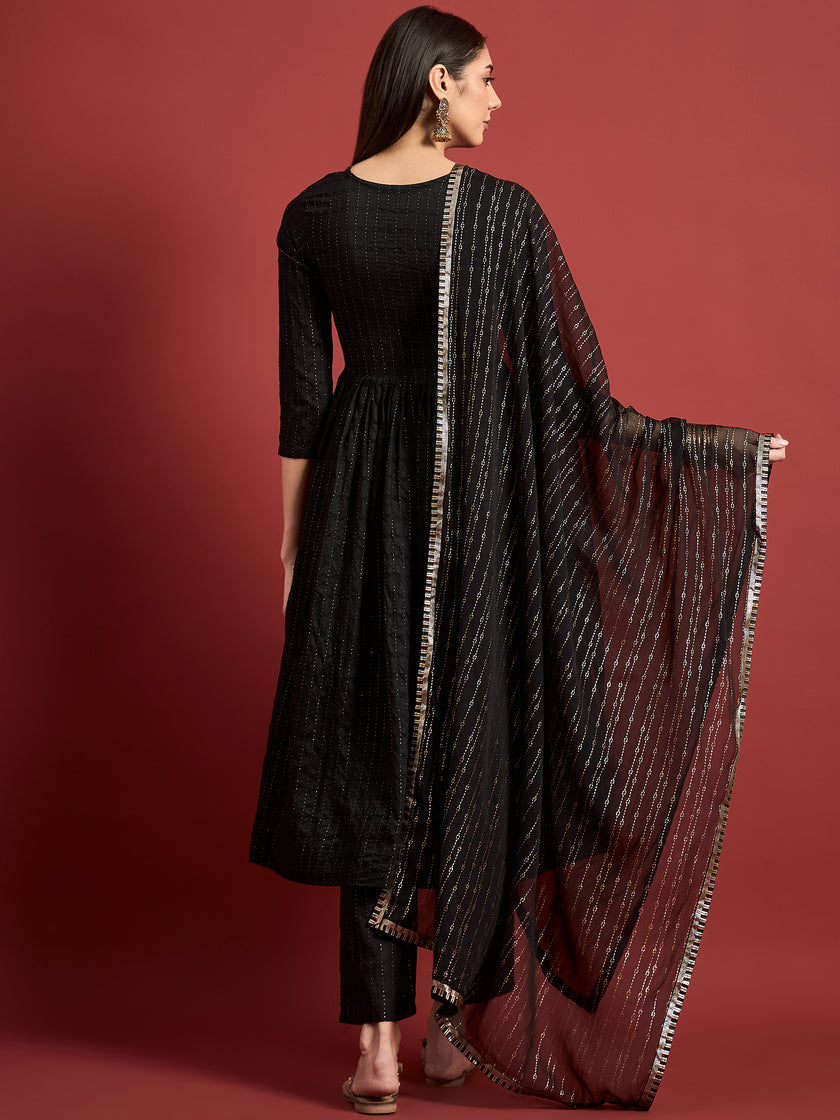 Black  Silk Blend Printed A-Line Kurta  Trouser