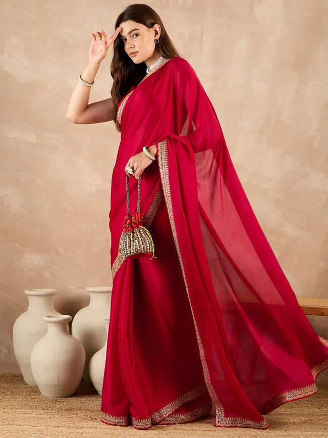 Red Satin Solid With Embroidered Border Saree with Unstitched Fancy Blouse
