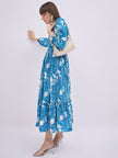Turquoise Blue BLENDED Printed Ballon Sleeves Floral Dress