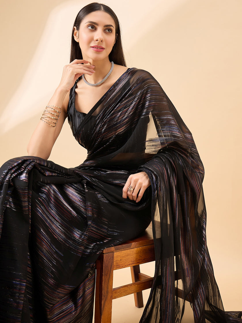 Black Pure Chiffon Jari Line Work Ready to Wear Saree with Unstitched Fancy Blouse