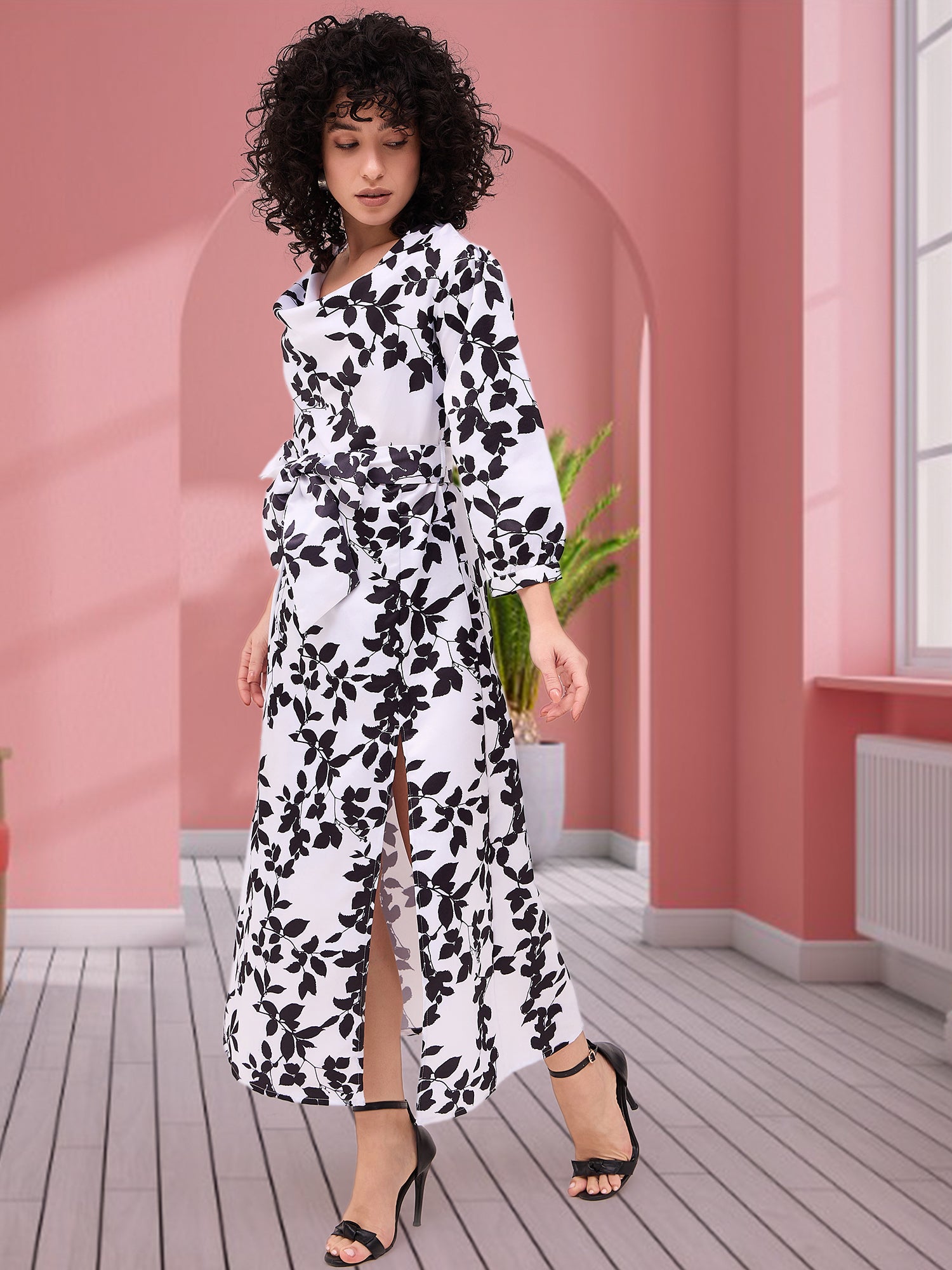 Multi Polyester Printed Cuffed Sleeves Floral Dress