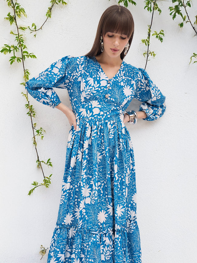 Turquoise Blue BLENDED Printed Ballon Sleeves Floral Dress
