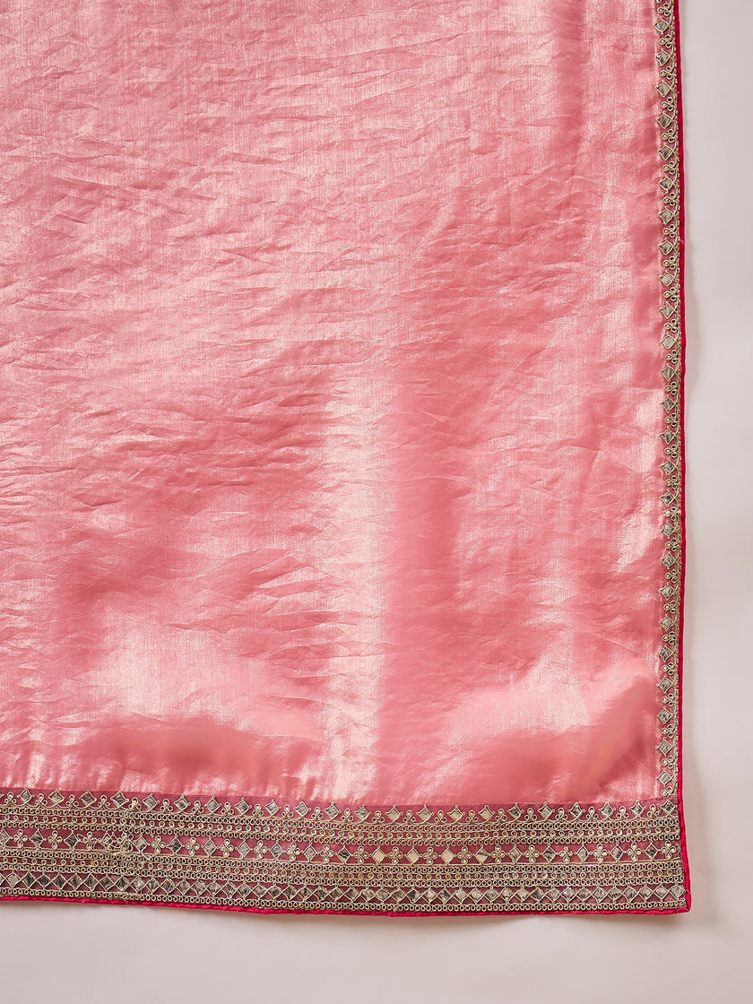 Peach Satin Solid With Embroidered Border Saree with Unstitched Blouse