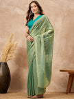Pista Satin Solid With Stone Work Border Saree with Unstitched Blouse